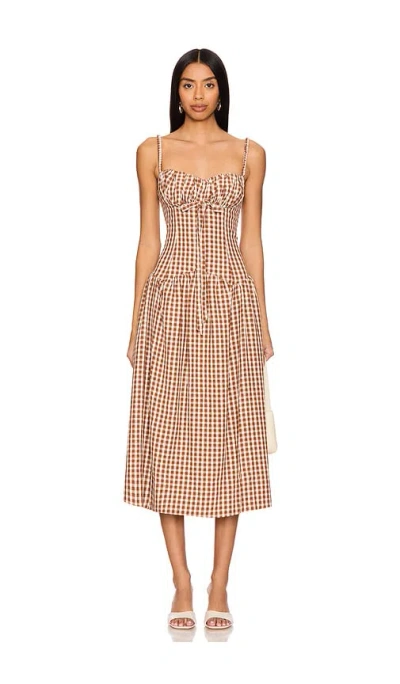 For Love & Lemons Gingerbread Gingham Midi Dress In Brown