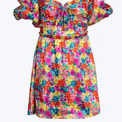 For Love & Lemons Merrill Puff Sleeve Open-back Satin Jacquard Mini Dress In Multi