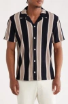 For The Republic Stripe Short Sleeve Button-up Shirt In Black