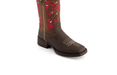 Forastero Women's Authentic Leather Flowers Embroidery Western Boots In Brown In Grey