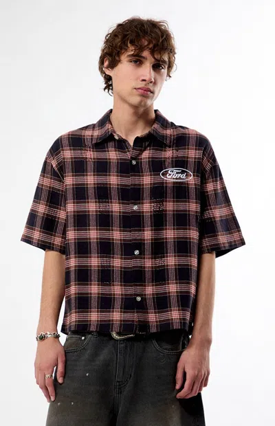 Ford Men's Logo Flannel Short Sleeve Shirt In Brown