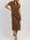 FORE ASYMMETRICAL BUTTON MIDI DRESS IN BROWN