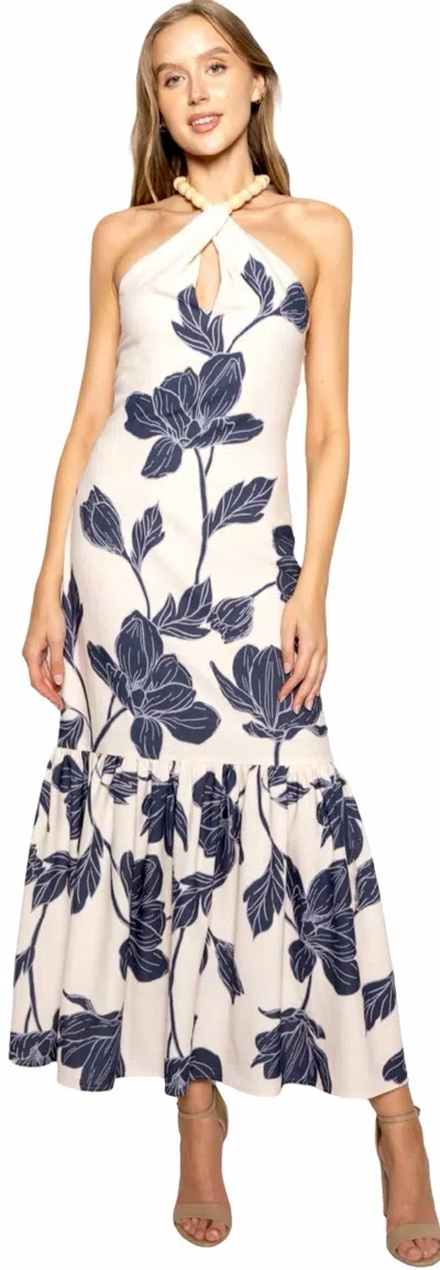 Fore Collection Bella Floral Bead Halter Maxi Dress In Beige/navy In Blue