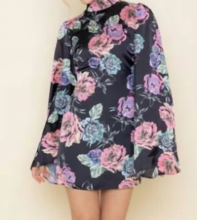 Fore Collection Floral Long Sleeve Mini Dress In Black In Multi