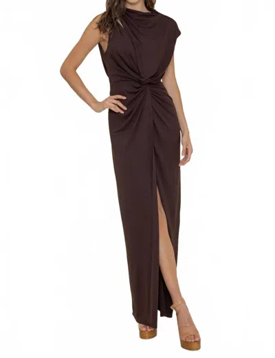 Fore Collection Godiva Ruched Cupro Cut Out Maxi Dress In Dark Chocolate In Brown