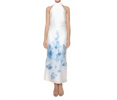 Fore Collection Halter Back Neck Bow Maxi Dress In White/blue Floral