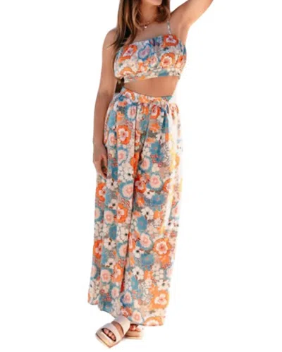 Fore Collection Harmony Flower Power Crop Top & Flare Pant Set In Blue/orange In Multi