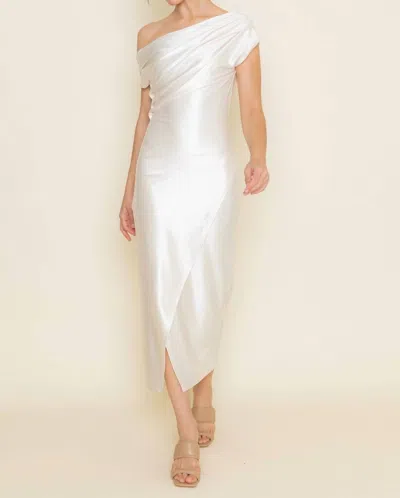Fore Collection Joan Pearl Draped Asymmetrical Midi Dress In White