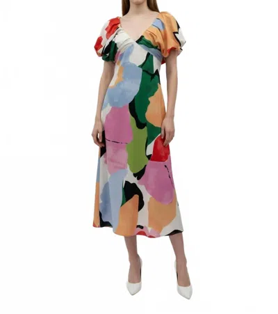 Fore Collection Puff Sleeve V Neck Maxi Dress In Multi