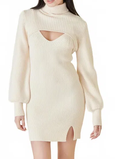 Fore Collection Ribbed Sweater Knit Set Balloon Sleeve Shrug Dress In White In Multi