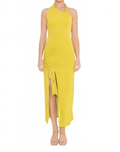 Fore Collection Ruched Drawstring Sleeveless Halter Dress In Lime In Yellow