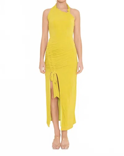 Fore Collection Ruched Drawstring Sleeveless Halter Dress In Lime In Yellow