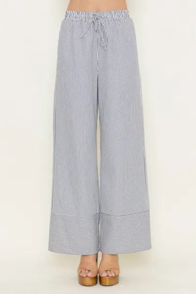 Fore Collection Striped High Waisted Drawstring Tie Wide Leg Pants In Ivory/ Navy In Multi