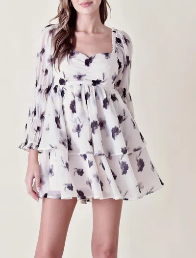 Fore Collection Watercolor Floral Flutter Mini Dress In White