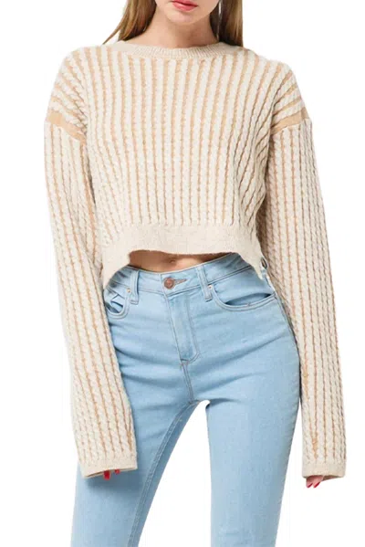 FORE CROPPED CABLE-KNIT STRIPED SWEATER IN LIGHT BROWN