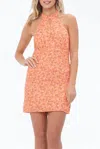 FORE CUTOUT FLORAL-PRINT SATIN HALTERNECK MINI DRESS IN ORANGE