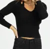 FORE KNIT COLLAR TIE LONG SLEEVE TOP IN BLACK