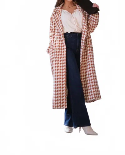 Fore Rakin Houndstooth Long Coat In Rust/ivory In Multi