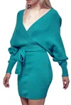 Fore Wrap-effect Ribbed-knit Mini Dress In Jade In Blue