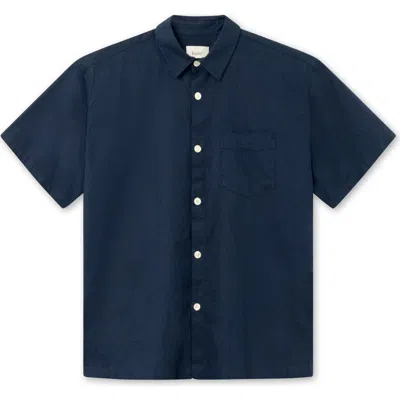 Forét Foret Serene Cotton & Linen Short Sleeve Button-up Shirt In Navy