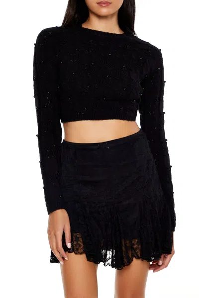 Forever 21 Beaded Cropped Cable Knit Sweater In Black