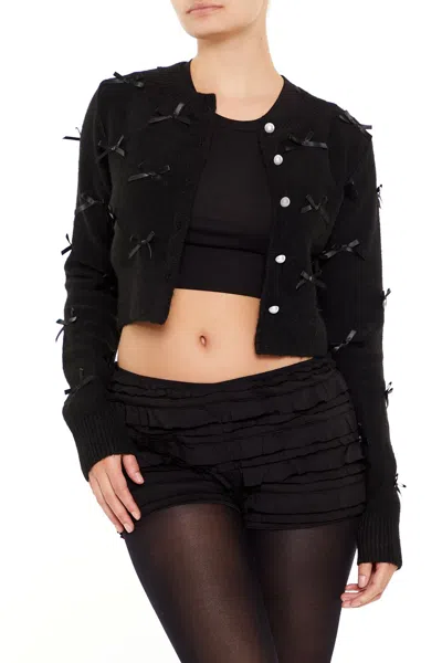 Forever 21 Bow & Faux Pearl Cardigan Sweater In Black