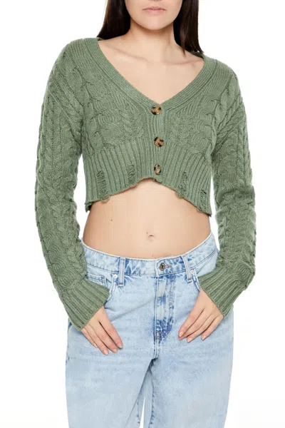 Forever 21 Cable Knit Cropped Cardigan Sweater In Green