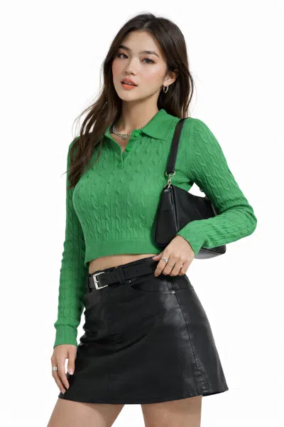 Forever 21 Cable Knit Cropped Polo Sweater In Green