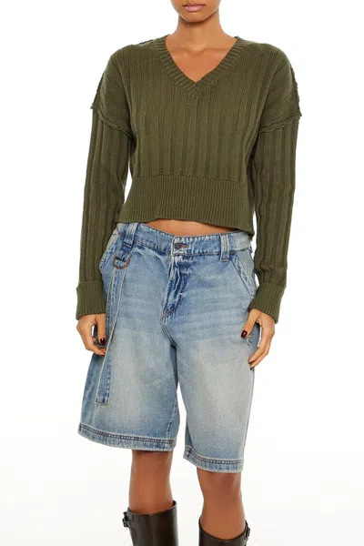Forever 21 Chunky Knit Cropped Sweater In Green