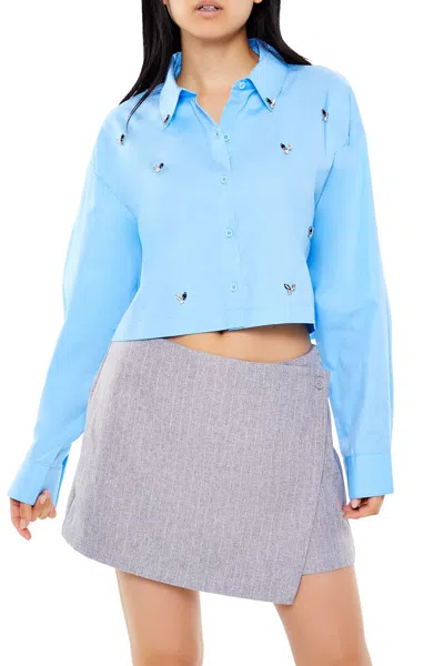 Forever 21 Cropped Faux Gem Poplin Shirt In Blue