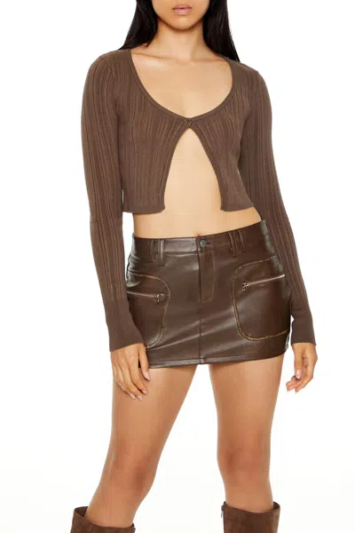 Forever 21 Cropped Split-hem Cardigan Sweater In Brown