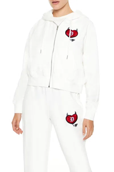 Forever 21 Embroidered Devil Heart Zip-up Hoodie In White
