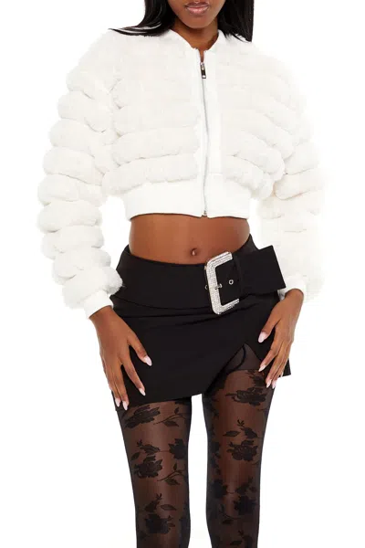 Forever 21 Faux Fur Cropped Bomber Jacket In White