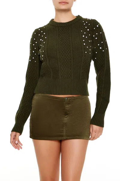 Forever 21 Faux Gem Cable Knit Sweater In Green