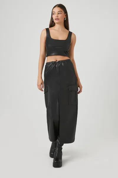 Forever 21 Faux Leather Toggle Drawstring Midi Skirt In Black