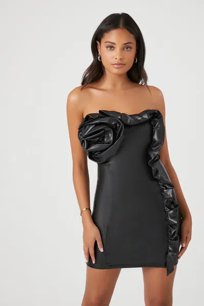 Forever 21 Faux Leather Rosette Tube Dress In Black