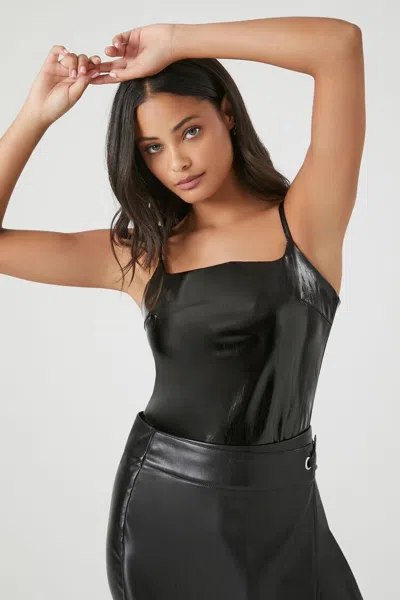 Forever 21 Faux Patent Leather Bodysuit In Black