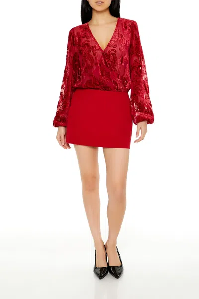 Forever 21 Flocked Paisley Surplice Bodysuit In Red