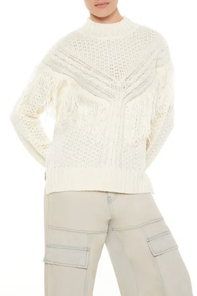 Forever 21 Fringe-trim Mock Neck Sweater In White