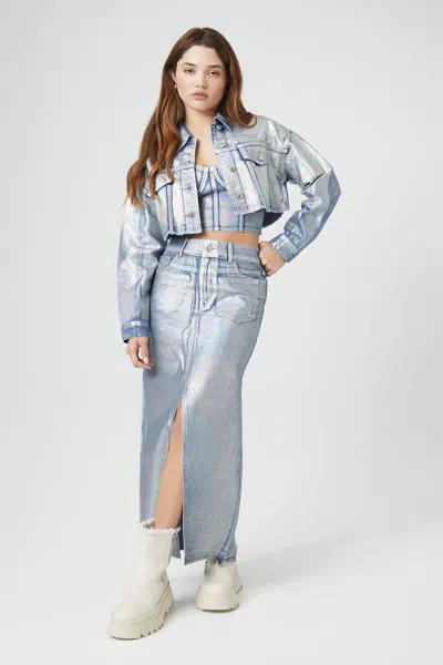Forever 21 Iridescent Denim A-line Maxi Skirt In Blue