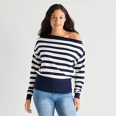 Forever 21 Juniors Womens Asymmetrical Neck Long Sleeve Striped Pullover Sweater In White