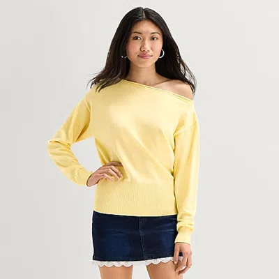Forever 21 Juniors Womens Asymmetrical Neck Long Sleeve Striped Pullover Sweater In Yellow