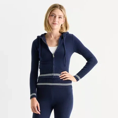 Forever 21 Juniors Womens Hooded Embellished Long Sleeve Rib Knit Pullover Sweater In Blue