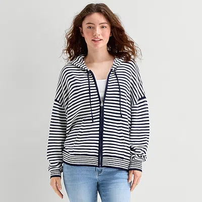 Forever 21 Juniors Womens Hooded Long Sleeve Striped Pullover Sweater In Blue