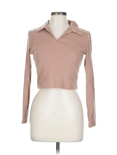 Pre-owned Forever 21 Long Sleeve Top Tan Collared Neckline Tops In Brown