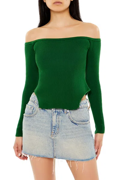 Forever 21 Off-the-shoulder Cutout-hem Sweater In Green