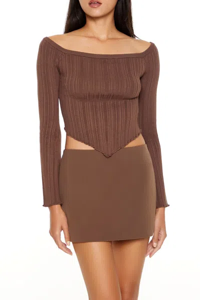 Forever 21 Off-the-shoulder V-hem Sweater In Brown