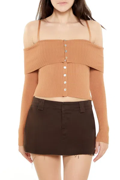 Forever 21 Open-shoulder Sweater-knit Crop Top In Brown