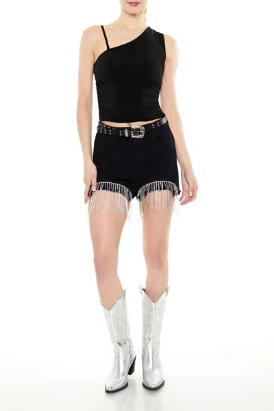 Forever 21 Rhinestone Fringe Denim Shorts In Black