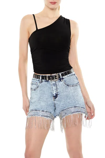 Forever 21 Rhinestone Fringe Denim Shorts In Blue